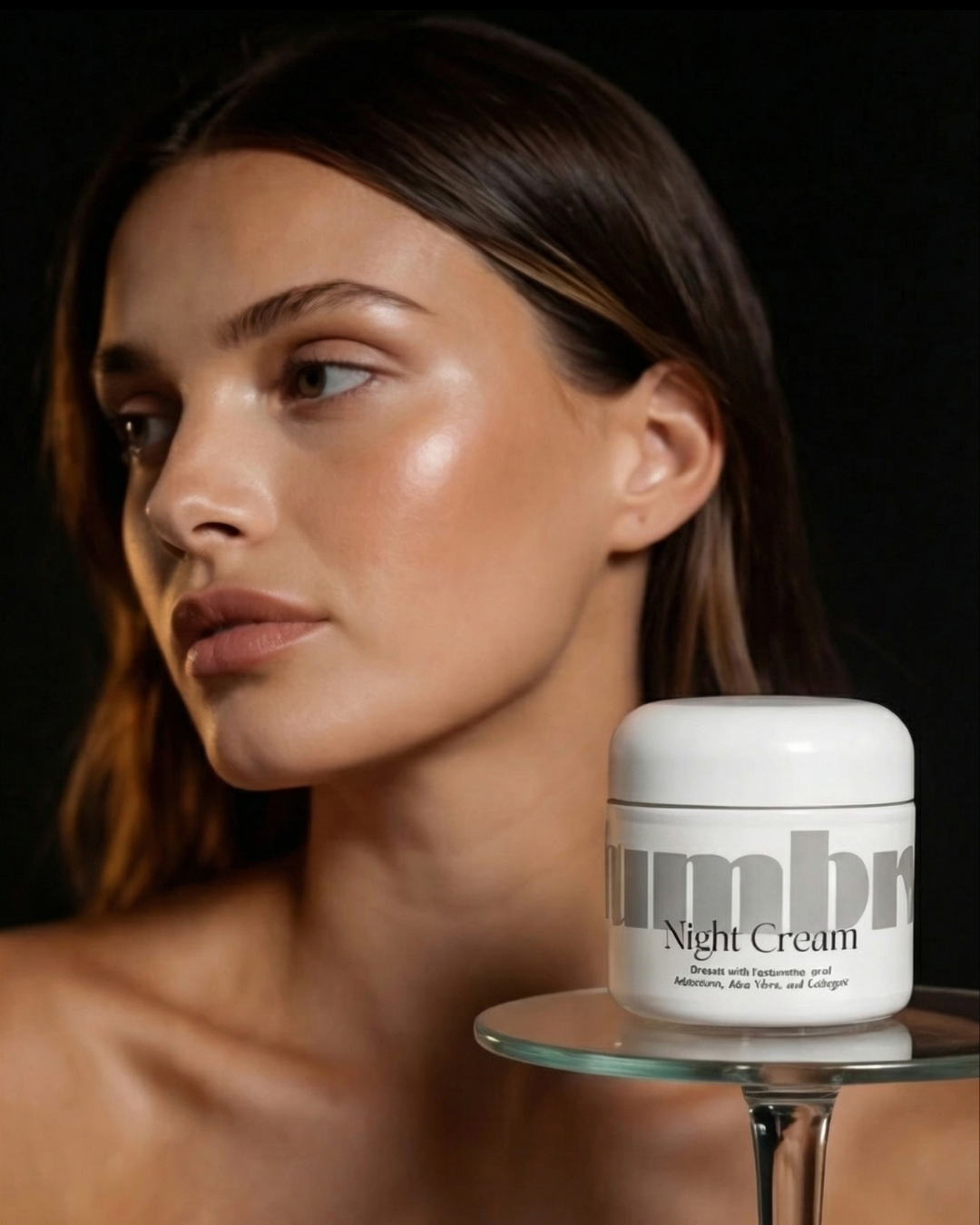 Woman with slumbrr Night Cream on glass surface